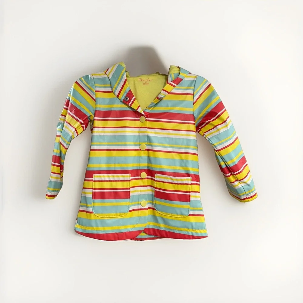 Cherokee Girls 5T Rain Jacket Hooded Multicolor Striped Lightweight Raincoat F44
